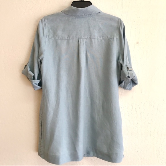 Soft Surroundings 100% Linen Light Blue Tunic w/ Pockets and Safari Sleeves S - Picture 2 of 5